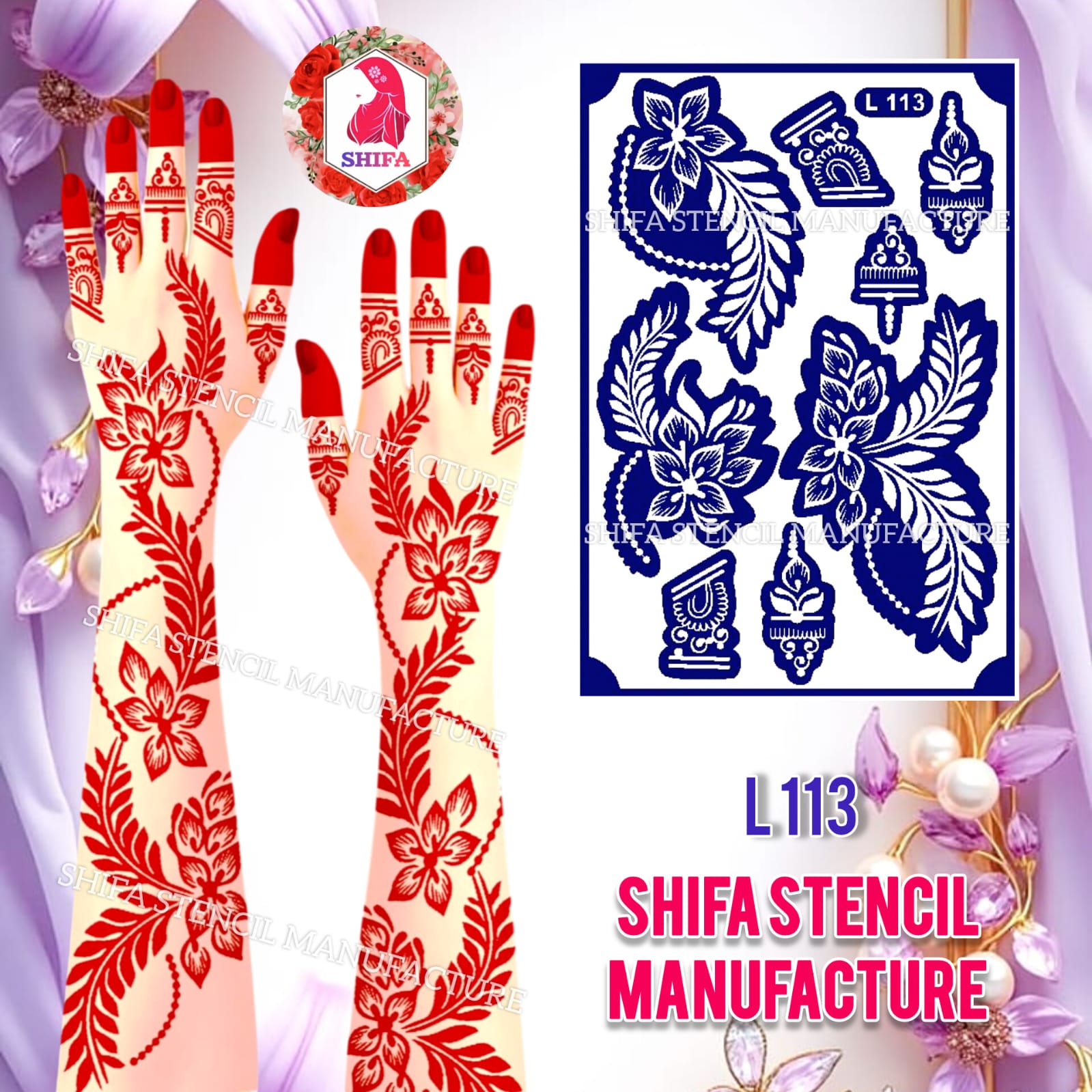 L 113 Elegant Lily Trail Sticker overview Henna Stencil - Shifa Stencil
